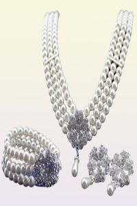 Rodium Silver Tone IvoryCream Pearl Bridal Jewelry Conjunto de colar de casamento Bracelete e Brincos 7319675