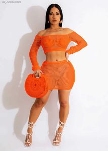 Basic Casual Dresses HLJ Fashion Knitting Hollow Out Bandage Skirts Two Piece Sets Women Off Shoulder Long Slve Crop Top + Mini Skirt Beach Outfits 1 T240415