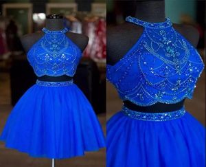 Blue Beaded Crystals Halter Neck Two Pieces Homecoming Dresses Rhinestones Zipper Up Formal Party Gowns A line Mini Short Cocktail3377949
