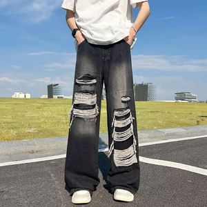 2024 jeans angustiados para homens no outono, calças de perna larga larga e lavadas, pernas soltas e retas NZ093-P50