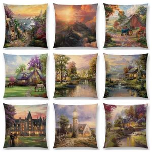 Pillow Forest Rivers Countryside Cabin Fields Gardens Scenery Oil Painting Fairy Tale Lighthouse Cover Sofa Throw Case