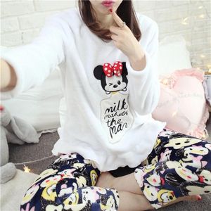 Roupas em casa Jinuo Pijama feminino Conjunto de outono para mulheres de manga longa Flanela de roupa de dormir quente adorável calça calças de pijama fêmea feminina