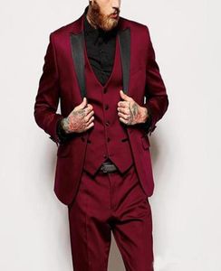 2018 Burgundy Men Suits Black Peaked Lapel Three Wedding Groom Tuxedos Custom Bridegroom Wear Jacket Pants Vest6127485