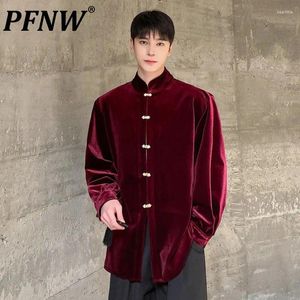 Men's Casual Shirts PFNW 2024 Trendy Men Shirt Chinese Style Velvet Metal Buckle Stand Collar Long Sleeve Spring Trend Loose 9C5162