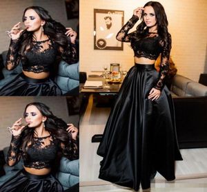 2019 Cheap Black Two Pieces Prom Dresses Jewel Neck Illusion Long Sleeves Lace Appliques Open Back Plus Size Party Dress Evening G5583589