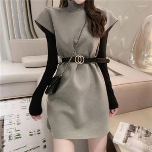 Work Dresses Vest Dress Top Two Pieces Set French Solid Half High Collar Skirts Foreign Slim Waistband Korean Temperament Winter Female Suit