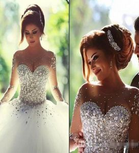 Luksusowe suknie ślubne w stylu arabskim w stylu z czystym długim rękawem ciężkie kryształy perełki z koralikami Made Kobiety Bridal Ball suknia n8642400