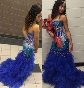 Mädchen Festzugskleider für Teenager exponierte Boning Crystal Perlen Royal Blue Mermaid Prom Kleider Rüschen Zipper Rücken Mermaid Abend G9801855