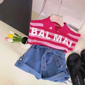 Pants Girls Retro Jacket Summer Clothing Set Polo Collar Pink Striped Sleeveless Short Tshirt Jeans Flower Bud Denim Pants