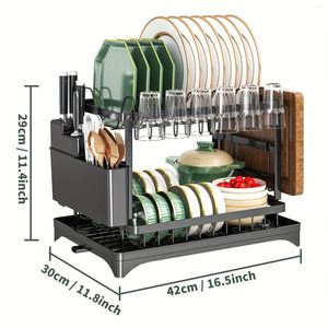 Rack de secagem de armazenamento de cozinha de 2 camadas destacáveis com linha de gotejamento de drenagem e suportes de utensílios de bancada de grande capacidade