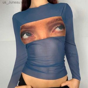 Women's T-Shirt Xingqing Funny Eyes Printed T Shirts 2000s Aesthetic Mesh Crop Tops Grunge Clothes Vintage Harajuku Graphic T y2k Strtwear 1 T240415