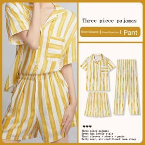 Home Clothing Women's Three-Piece Striped Pajamas Summer Cotton Short-Sleeved Spring And Autumn Casual Sports Cardigan Homewear Se