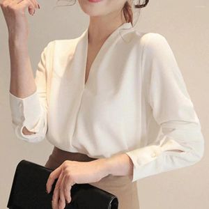 Kvinnors blusar Kvinnor Solid Color All-Matched Polyester V-Neck Office Chiffon Shirt Stylish Loose Long Sleeve Breattable Topps Skinvänlig