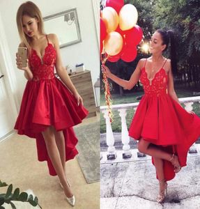 High Low Red Satin Homecoming Dresses V Neck Spaghetti Straps Lace Ruched Hilo Prom Dresses Short Mini Party Dresses5036130