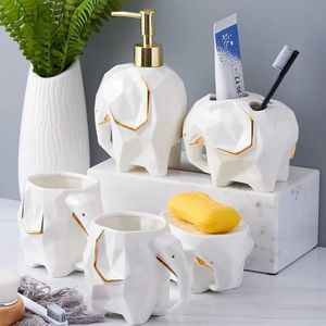 Tandborste Sanitizer Ceramics Badrumstillbehör Set Cute Elephant Tandborstehållare Soap Dispenser Hand Sanitizer Bottle Mouthwash Cup Soap Box 240413