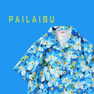 Men's Casual Shirts Hawaiian Blue Shirt Summer Slim Button Top Full Graphic Breathable Short Trendy Youth Sports Wear 2024