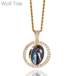 Rotating Double Sided Custom Photo Memory Pendant Necklace 14k Gold Plated Iced Out Cubic Zirconia Diy Picture For Men And Women Couple Lovers Memorial Gifts Jewelry