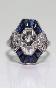 Jóias antigas 925 Sterling Silver Diamond Sapphire noivado de noiva Art Deco Tamanho do anel 5126828170