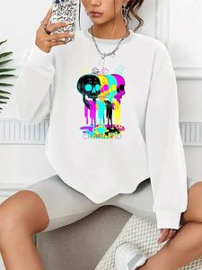 Damen Hoodies Sweatshirts Buntes Schädeldruck Pullover lässig lockere Mode langärmelige Sweatshirt Solid Color Womens Top 240413