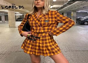 Lordlds Women Yellow Plaid zweiteiliger Set lässige Langarmanzüge und hohe Taillenfalten -Röcke passende Sets Tracksuits 2203024029828