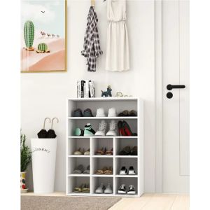 9-Cube Stackable Wood Shoe Rack Organizer 5-Tier Freestanding Wooden Shoes Cabinet 2 Storage Shelf for 10-15 Pairs,Closet White