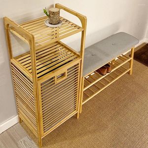 Laundry Bags Rack Bamboo Shelf With Cloth Basket Bathroom Storage Organizer