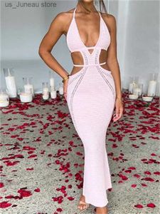 Vestidos casuais básicos Mulheres Halter Bandagem malha vestido de crochê sexy sleveless v pescoço de pescoço cintura embrulhada bodycon sem traseiro