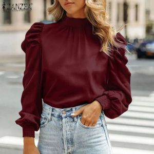 Kleider Zanzea Elegante Frauen langer Puffarm Büro Arbeit Bluse Frühling Fashion Hemd lässig Solid Blusas Loose Ol Chemise Tunika Tops