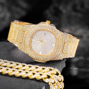 Stränge vereisere Uhr 3pcs Hip Hop Luxus Uhren Schmuck Set Männer Frauen Halskette Armband Bling Cuban Link Chain Choker Geschenk 230613