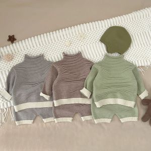 Shorts 2023 Herbst Strick Babys Sets Mode gestreifte Kinderpullover -Shorts für Jungen Mädchen Neugeborene Kleidung Set 024 Monate