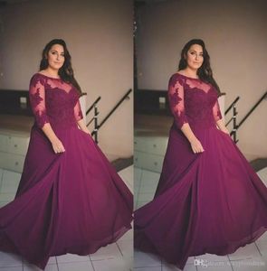 Plus Size Burgundy Prom Dresses Lace Applique Half Long Sleeve Evening Gowns Sheer Neck Special Cheap Formal Party Dresses Custom 1415299