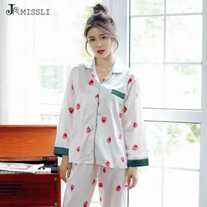 Home Clothing Jrmissli Frauen Nachtwäsche Pyjama Erdbeerdruck Seide weiblicher Anzug Pyjamas Herbst Kleidung bequem