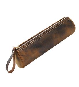 100 Genuine Leather Zipper Pen Pouch Pencil Bag Vintage Crazy Horse Large Capacity Handmade Creative School Stationary Bags7734347