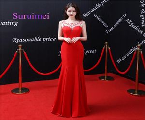 2020 Red Long Mermaid Evening Dresses Scoop Neck With Crystal Sleeveless Prom Gowns For Party Dress9933700
