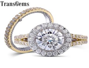 Transgems Solid 14k White And Yellow Center 3 Carat 9mm F Colorless Moissanite Engagement Wedding Ring Set With Accents 2 Pieces Y9384184