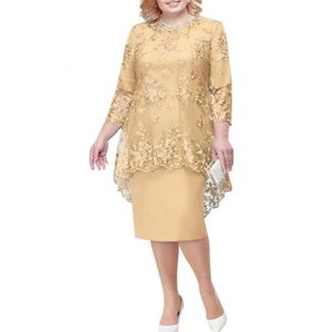 Oneck HighWaist Plus Size Midi Dress Party Embroidery Lace 34 Sleeve Lady Evening Elegant Bodycon Female Clothing 240411