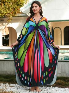 Vintage Butterfly Print Summer Beachwear Plus Size Kaftan Dress Women Swimsuit Bikini Cover-Ups Handstickade V Neck Robe Q1588