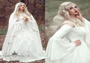 Renaissance Gothic Lace Ball Gown Wedding Dresses With Cloak Plus Size Vintage Bell Long Sleeve Celtic Medieval Princess Bridal Go4590313