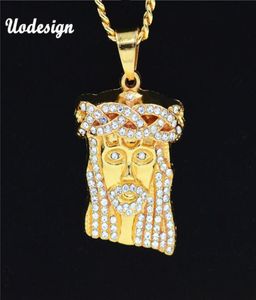 Подвесные ожерелья uodesign Hip Hop Iced Out Crystal Иисус Христос кусок головы лицом завеса золотая цепь для мужчин.