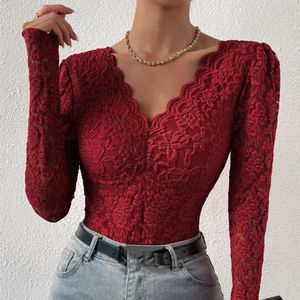 Slim Fit Bodysuit Elegant Lace Embroidered Bodysuit Deep V Neck Long Sleeve Playsuit Women's Slim Fit Spring Romper Lace