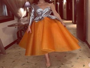 2017 Short Ball Gown Prom Dresses with One Shoulder Long Sleeves Tea Length Multicolors Party Satin Organza Cheap Evening Gowns8725866