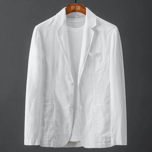 White Cotton Linen Suit Coat Mens Spring Summer Pure Color Slim Casual Business Thin Mens Blazer Jacket Comfortable Breathable 240402