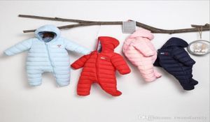 Baby Winter Rompers Kids Designer Clothes Spädbarn Down Cotton Jumpsuits pojkar huva bodysuits nyfödda klättra kläder boutique clete7046871