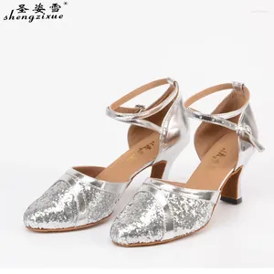 Dance Shoes Shengzixue Women's Latin Customize Heel PU Buckle Ballroom Silver Gold Dancing For Women