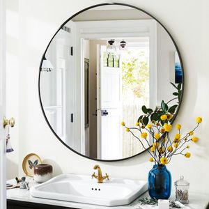 Espelho de banheiro redondo preto, espelho círculo de 24 polegadas, espelho de parede redonda com moldura de metal simples, espelho suspenso redondo moderno para banheiro, corredor, sala de moradia