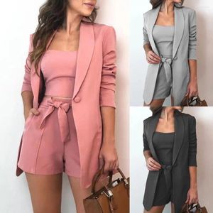 Trechos de traje feminino Blazer Shorts Definir três peças traje de colete de colorido de colorido de manga longa para viajar