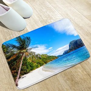 Bath Mats Ocean Landscape Mat Green Leaves Sea Water Shell Palm Tree Kitchen Bathroom Toilet Front Door Non-Slip Carpets Washable