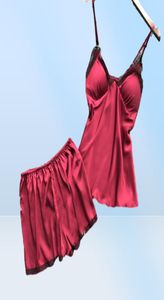 2020 여성 잠옷 세트 새틴 잠자기 실크 4 조각 나이트웨어 파자마 스파게티 스트랩 레이스 수면 라운지 흉부 패드 9412567