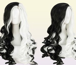 Cruella Deville de Vil Cosplay Wigs 75 см. Вьющиеся наполовину белые черные теплостойкие синтетические синтетические волосы y09136865554