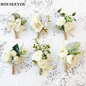 Kwiaty dekoracyjne 3PCS/LOT Wedding sztuczny biały róża kwiat kwiat pana młodzieńca boutonniere men korsage akcesoria